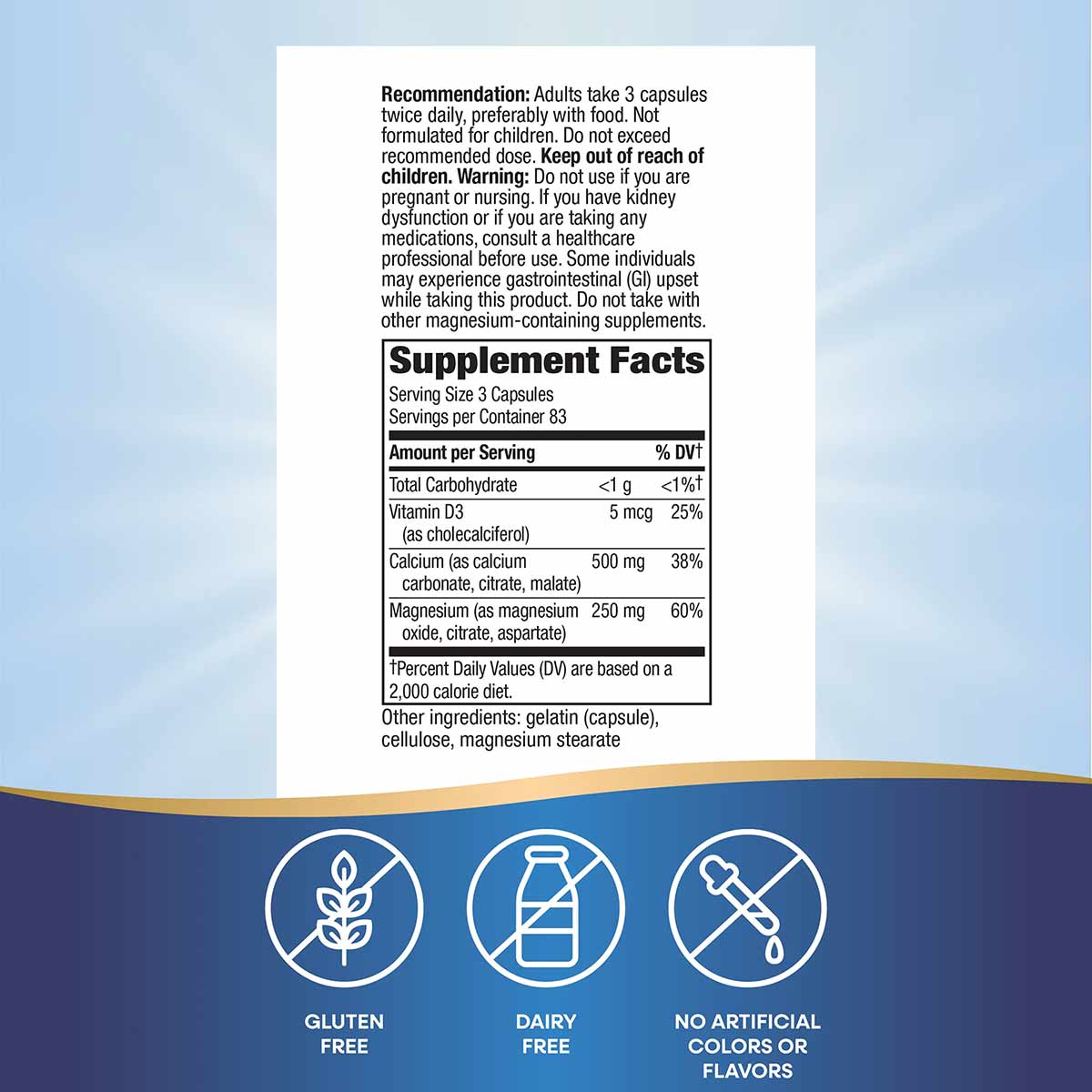 Supplement Facts label for Calcium Mag & D Complex showing dosage, ingredients, and allergen information with gluten-free, da