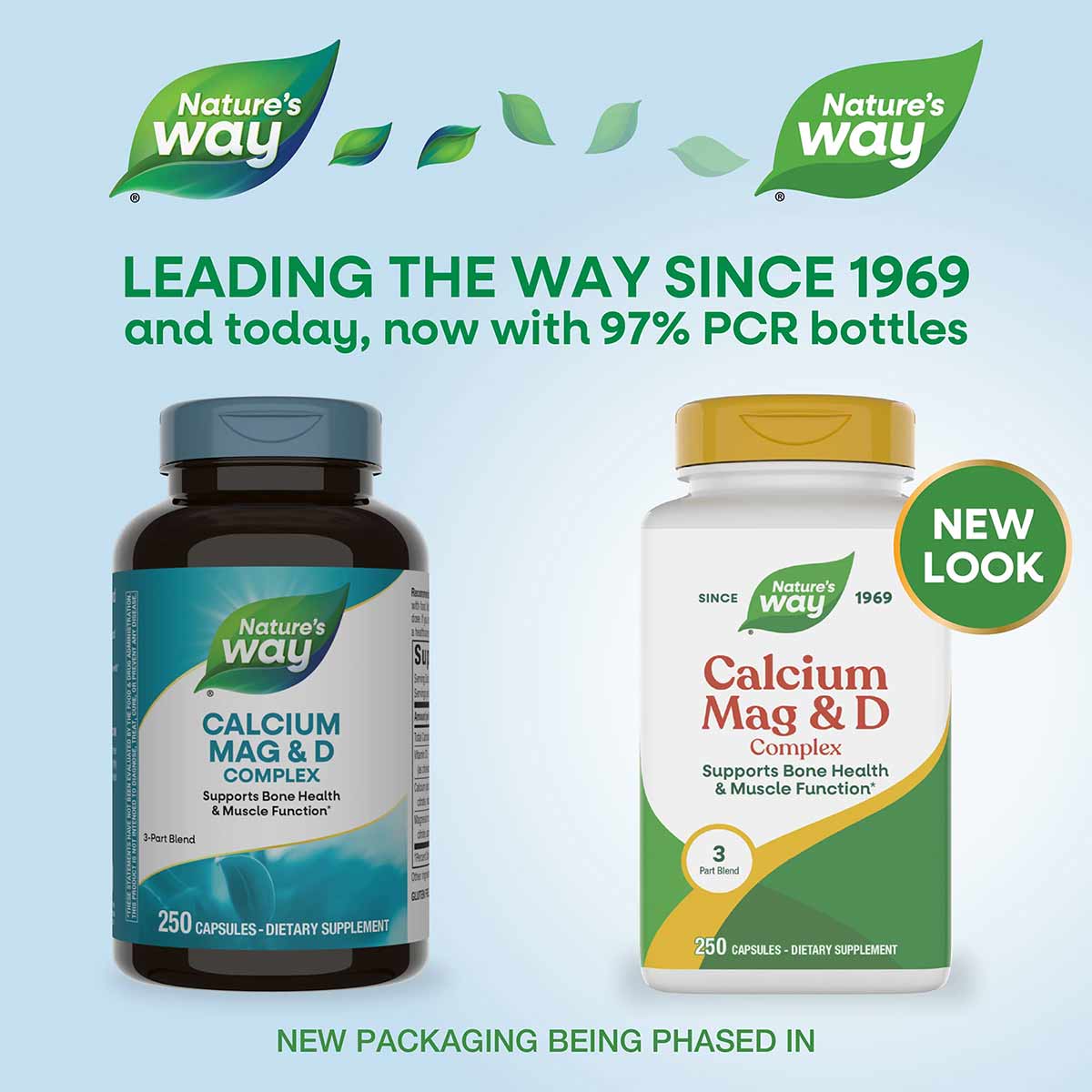 Nature's Way Calcium Mag & D Complex supplement bottles in dark and light packaging, 250 capsules each.