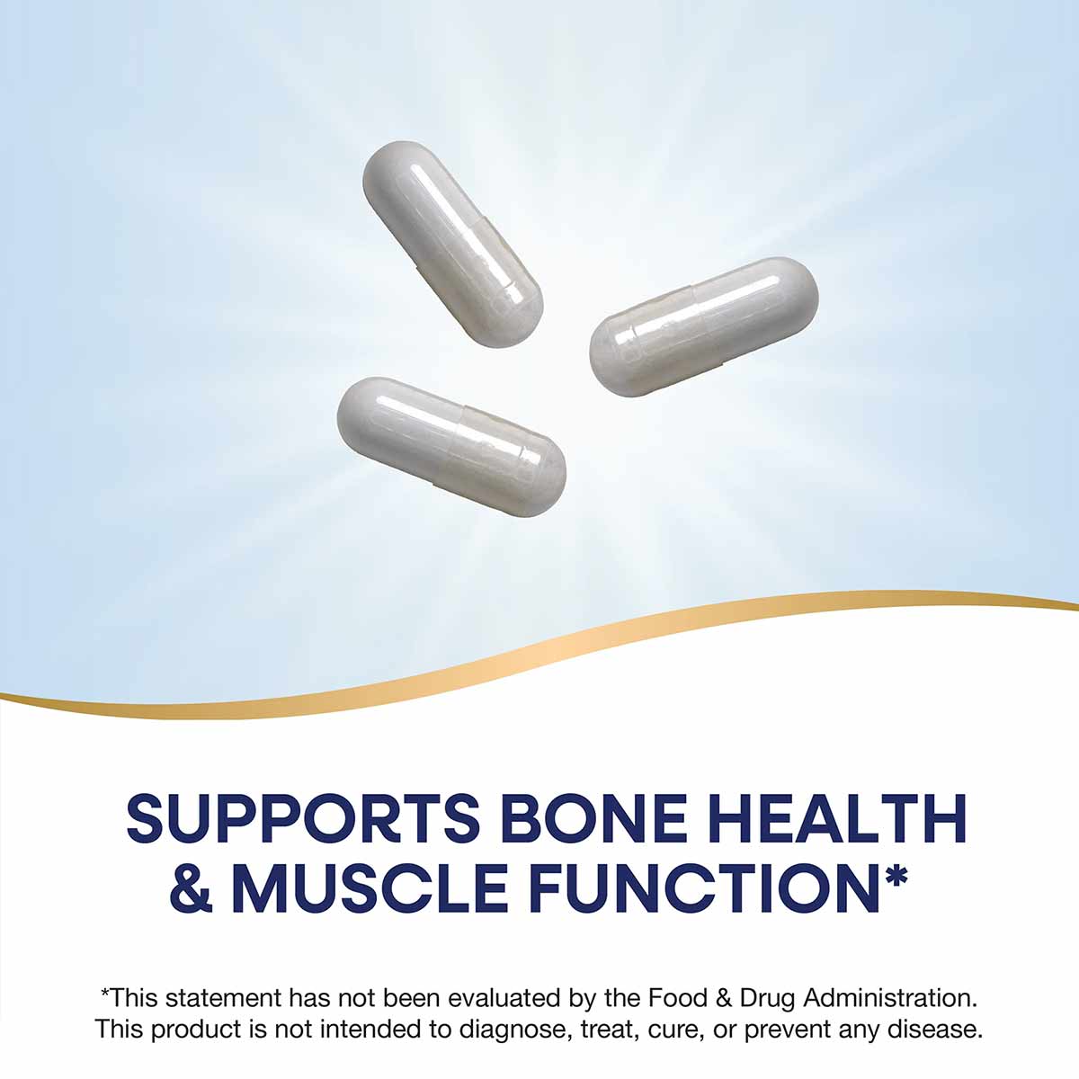 Three white capsule supplements on light blue background with gold curved line accent.