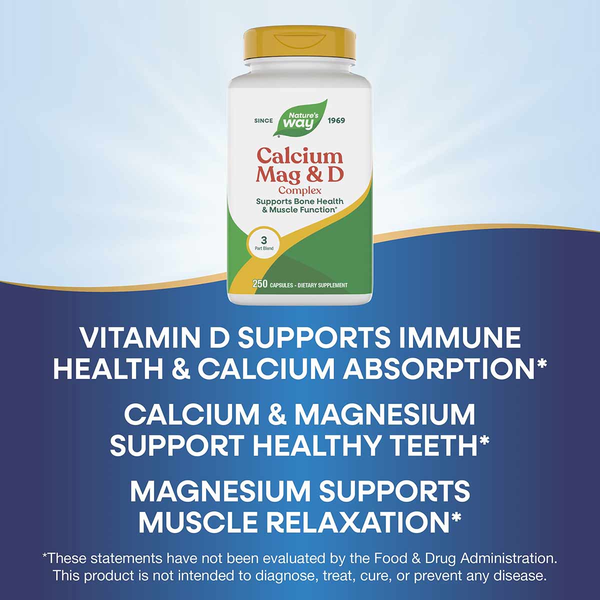 Natures Way Calcium Mag & D Complex bottle with gold cap containing 250 capsules, displayed against blue background.