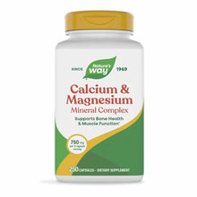 Nature's Way Calcium & Magnesium Mineral Complex bottle with gold cap containing 250 capsules at 750 mg per serving.