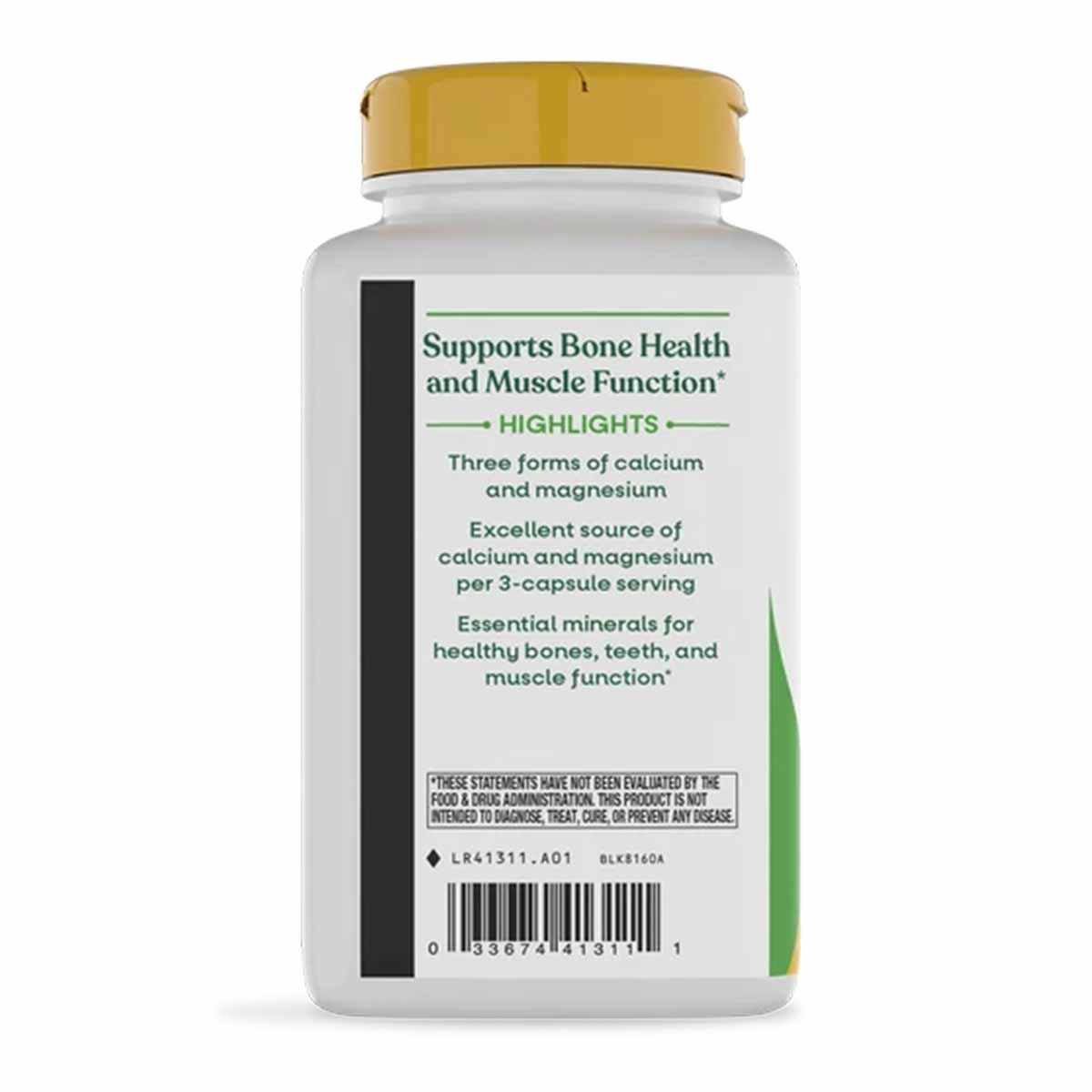 White bottle with gold cap containing Calcium & Magnesium Mineral Complex supplement capsules by Nature's Way.