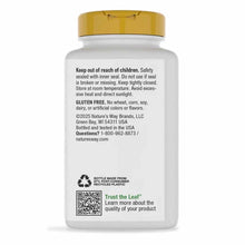 White supplement bottle with gold cap displaying safety information, gluten-free statement, and Nature's Way branding on back
