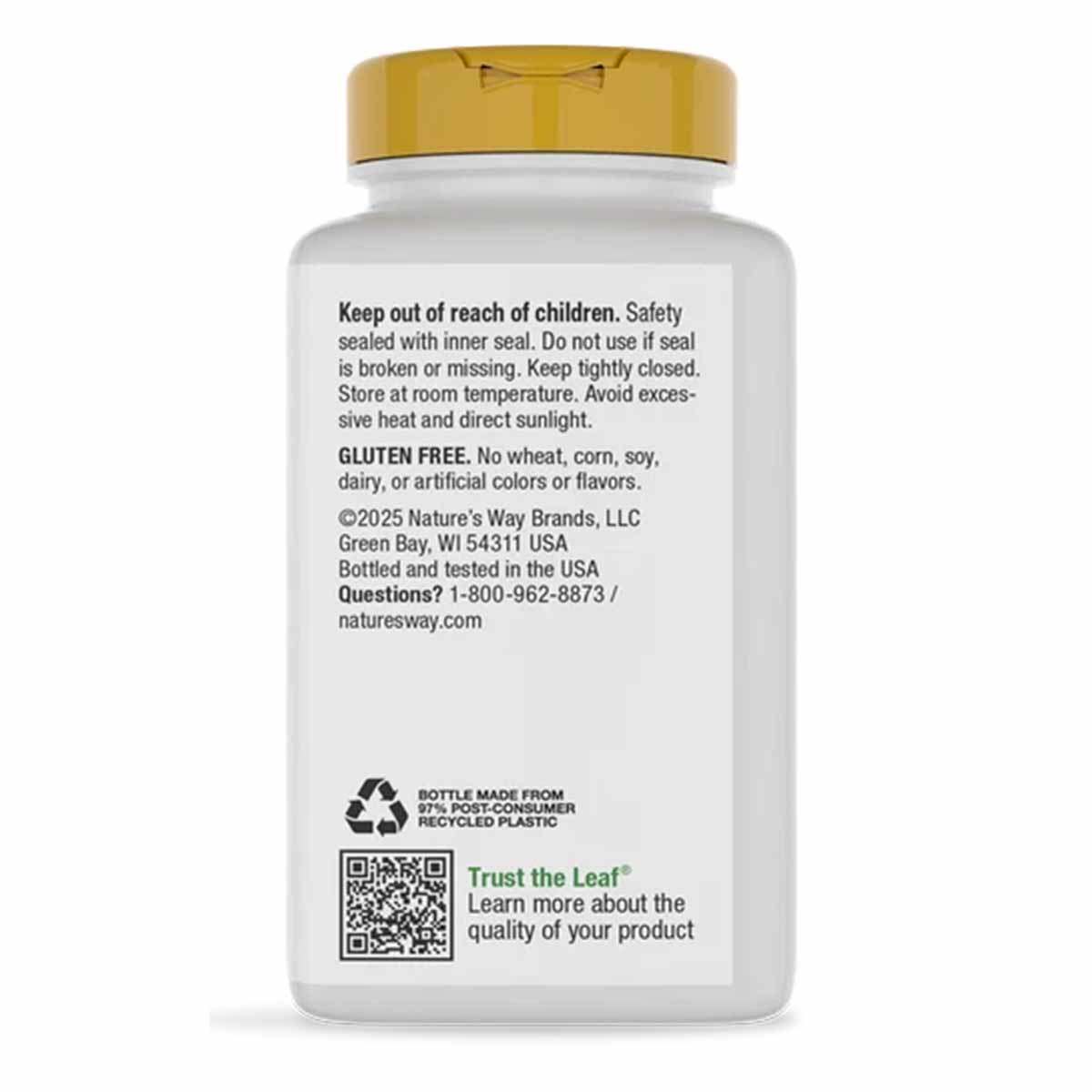 White supplement bottle with gold cap displaying safety information, gluten-free statement, and Nature's Way branding on back