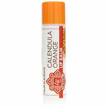 Orange tube of Calendula Orange Lip Balm by Four Elements with white label and red decorative elements.