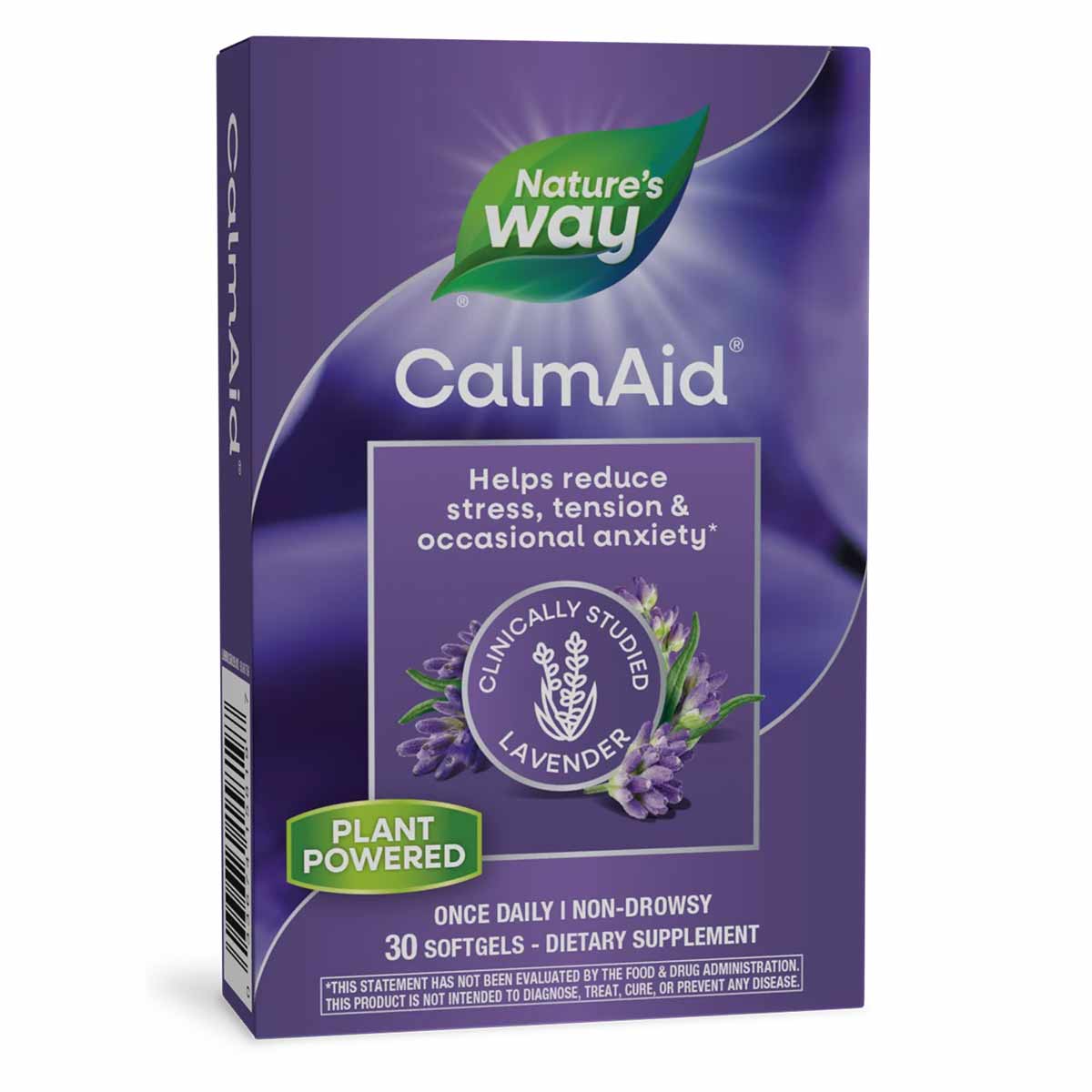Nature's Way Calm Aid purple box with green leaf logo and lavender imagery, containing 30 softgels.