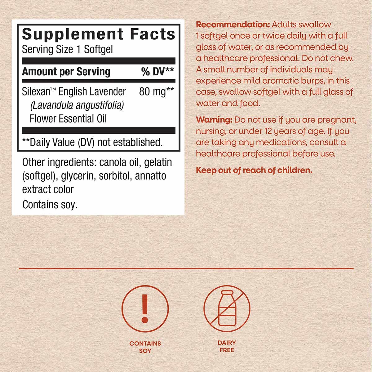 Supplement Facts label showing Silexan English Lavender softgel with 80 mg per serving, ingredients, and allergen warnings on