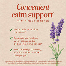 Calm Aid supplement packaging with beige background, red text describing calm support benefits, and purple lavender flowers i