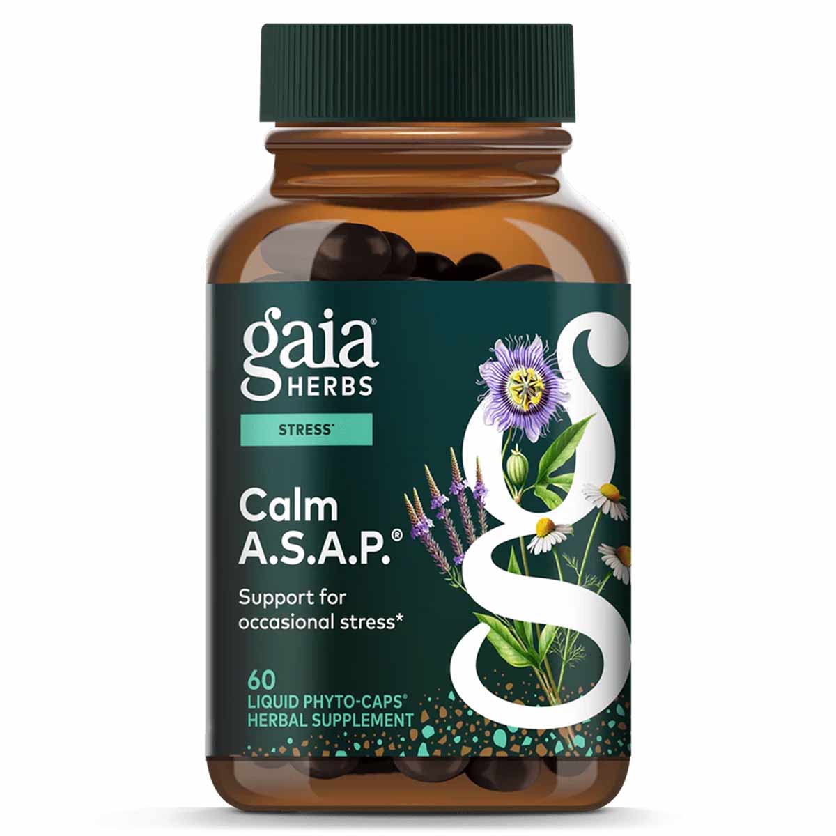 Gaia Herbs Calm A.S.A.P. bottle containing 60 liquid phyto-caps herbal supplement with green cap and dark capsules visible in