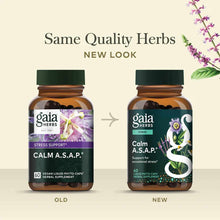 Two amber glass bottles of Gaia Herbs Calm A.S.A.P. herbal supplement showing old and new label designs with purple flowers.