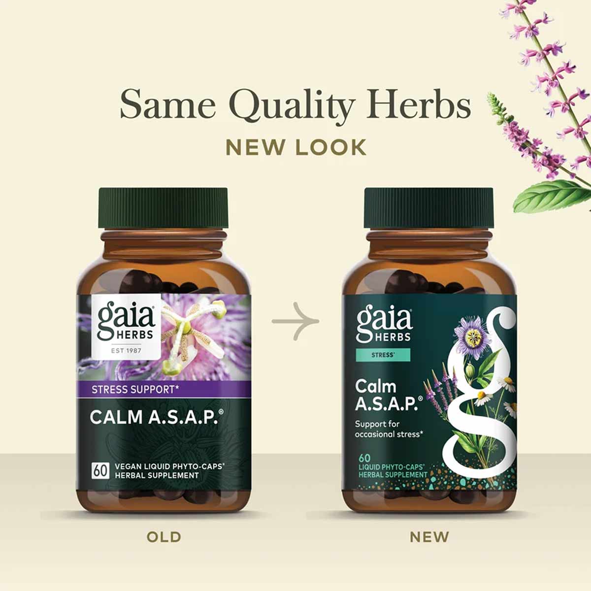 Two amber glass bottles of Gaia Herbs Calm A.S.A.P. herbal supplement showing old and new label designs with purple flowers.