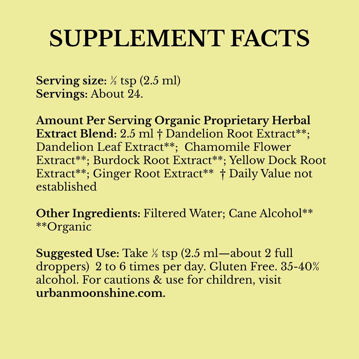 Supplement Facts label on yellow background listing serving size, herbal extract blend ingredients, and usage instructions fo
