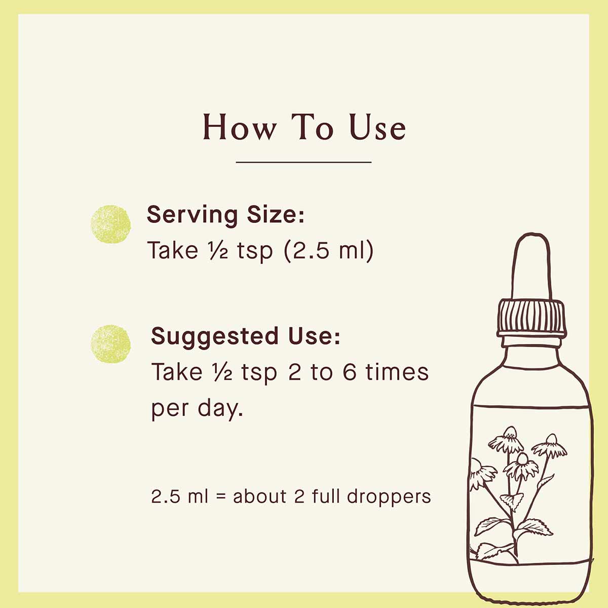 Glass dropper bottle with line drawing of flowering plant and usage instructions on cream background with yellow border.