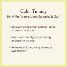 Cream-colored product label with brown text displaying "Calm Tummy" and benefit information on yellow background.