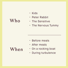 Text on cream background listing "Who" (Kids, Peter Rabbit, The Sensitive, The Nervous Tummy) and "When" (Before meals, After
