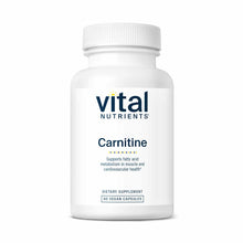 White bottle of Vital Nutrients Carnitine dietary supplement containing 60 vegan capsules.