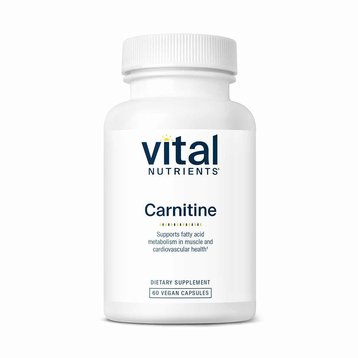 White bottle of Vital Nutrients Carnitine dietary supplement containing 60 vegan capsules.