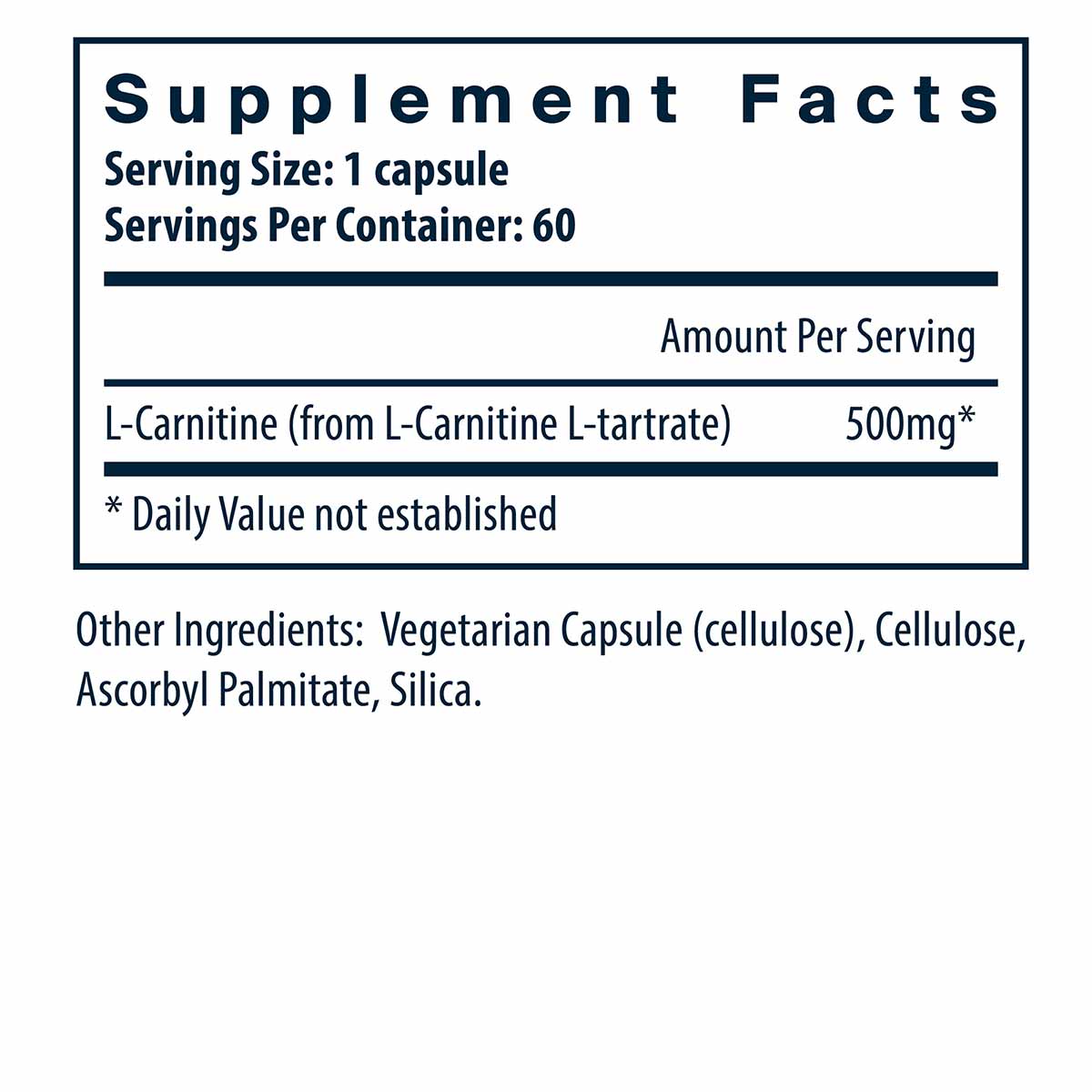 Supplement Facts label showing L-Carnitine 500mg per capsule, 60 servings per container, with vegetarian capsule ingredients 