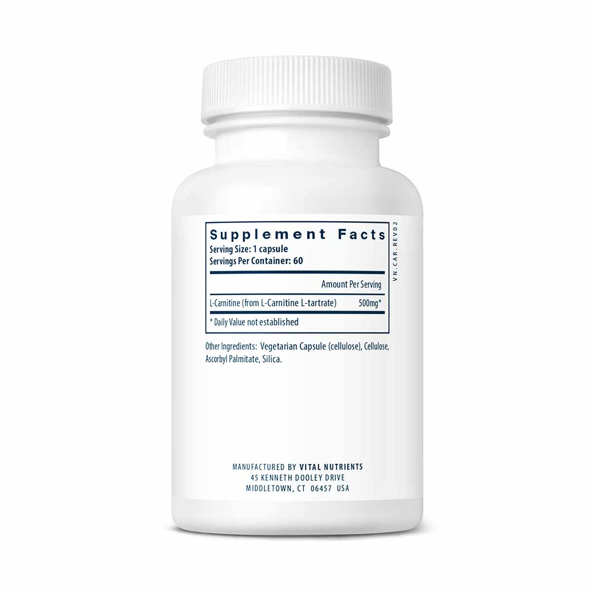 White supplement bottle with white cap containing 60 capsules of L-Carnitine 500mg by Vital Nutrients.