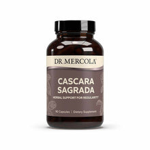 Brown glass bottle of Dr. Mercola Cascara Sagrada dietary supplement with black cap, containing 90 capsules.