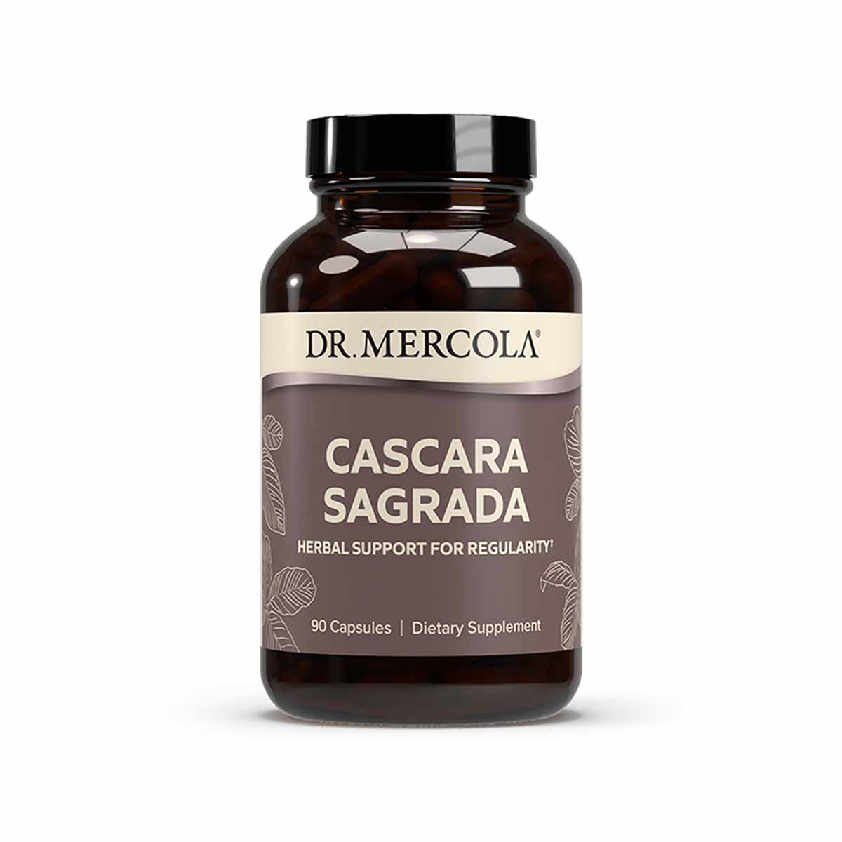 Brown glass bottle of Dr. Mercola Cascara Sagrada dietary supplement with black cap, containing 90 capsules.