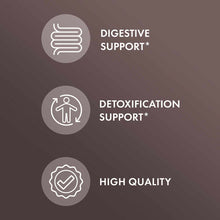 Product packaging displays three icons with text: digestive support, detoxification support, and high quality certification b