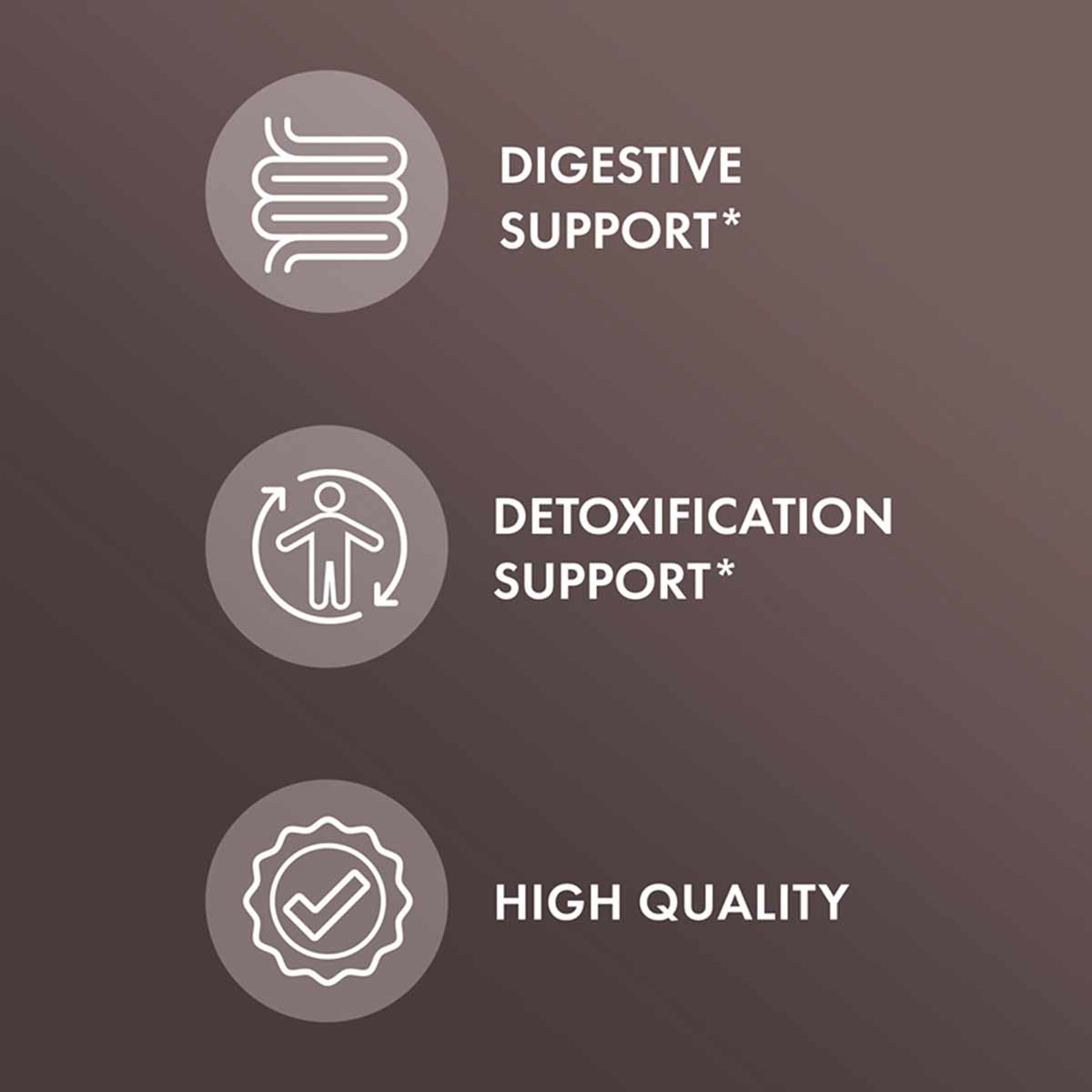Product packaging displays three icons with text: digestive support, detoxification support, and high quality certification b