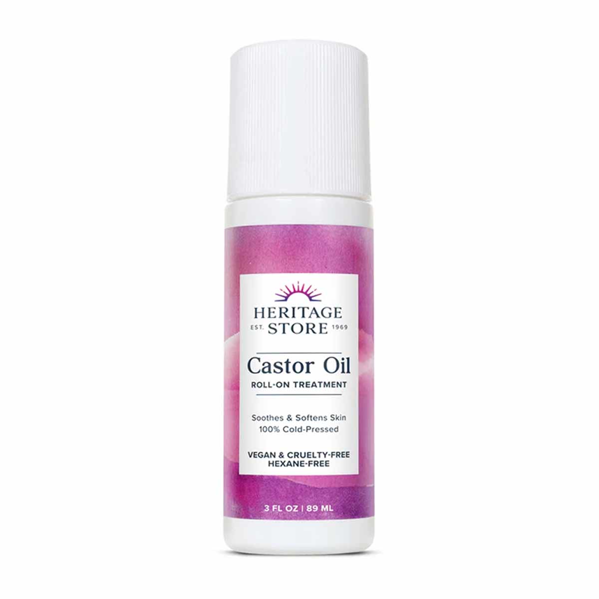 Heritage Store castor oil roll-on treatment in a 3 fl oz bottle with white cap and pink-labeled body.