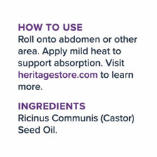 Instructions and ingredients label for Heritage Store castor oil roll-on product showing usage directions and castor seed oil