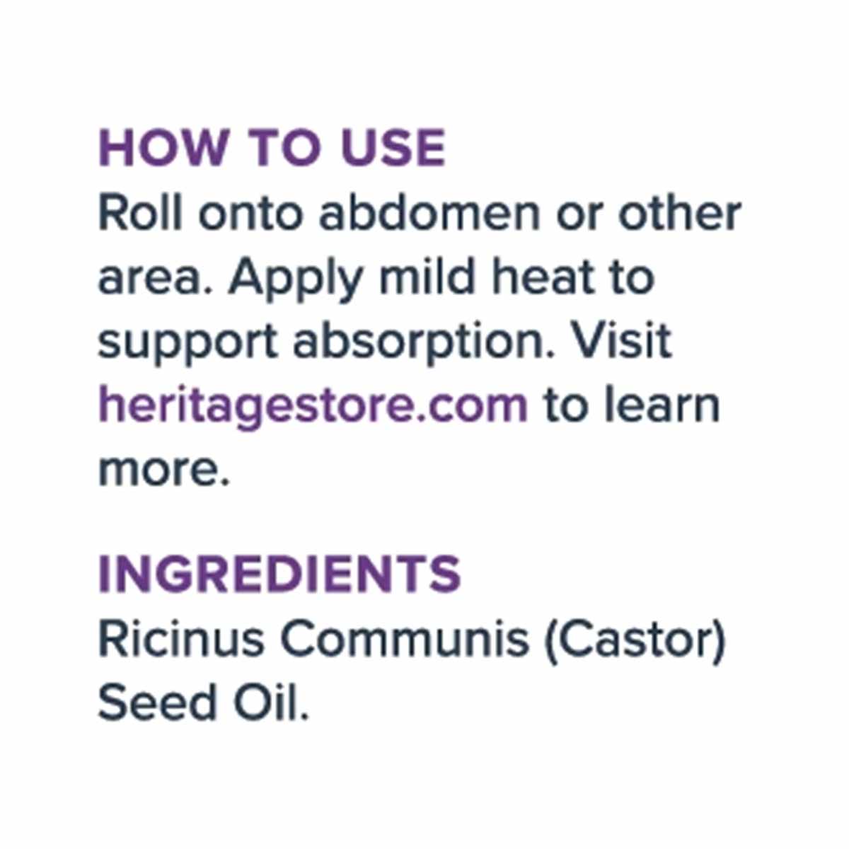 Instructions and ingredients label for Heritage Store castor oil roll-on product showing usage directions and castor seed oil