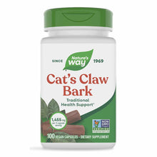 Nature's Way Cat's Claw Bark supplement bottle with green cap containing 100 vegan capsules.