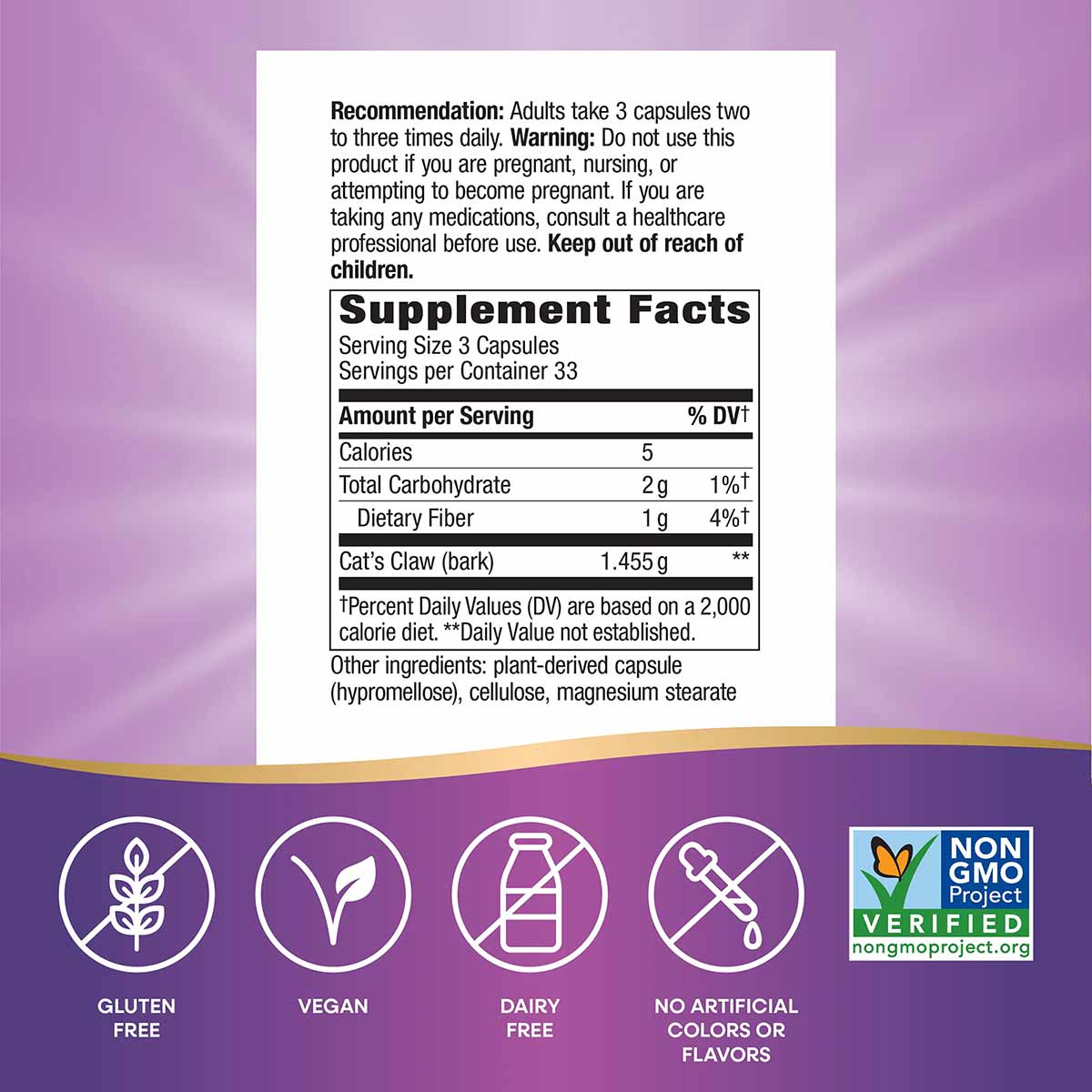 Supplement Facts label for Cat's Claw Bark capsules with dosage, ingredients, and certification icons on purple background.