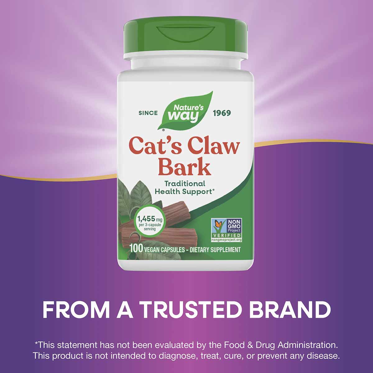 Nature's Way Cat's Claw Bark dietary supplement bottle with green cap containing 100 vegan capsules.