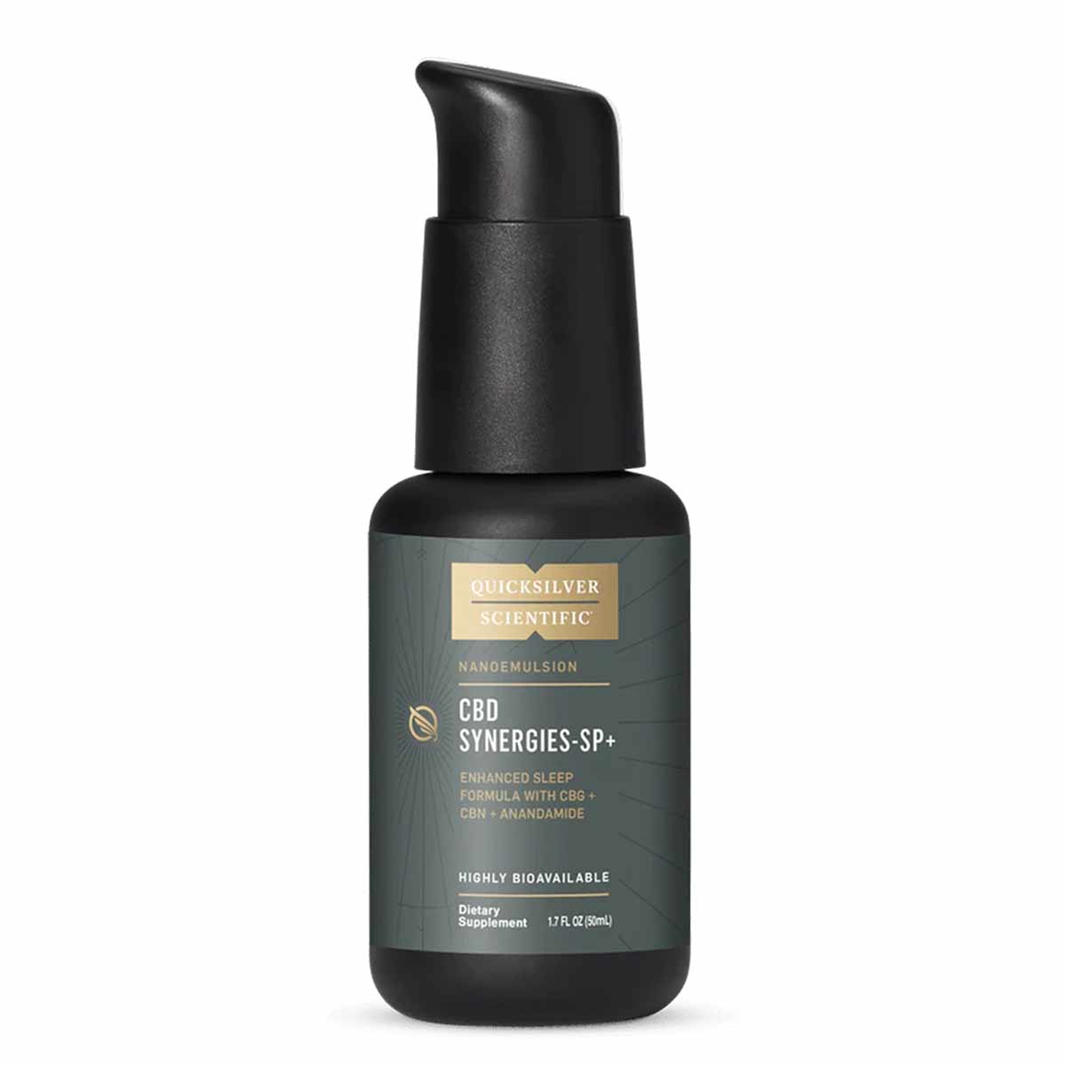 Black pump bottle labeled CBD Synergies-SP+ by Quicksilver Scientific, 1.7 oz nanoemulsified sleep formula.