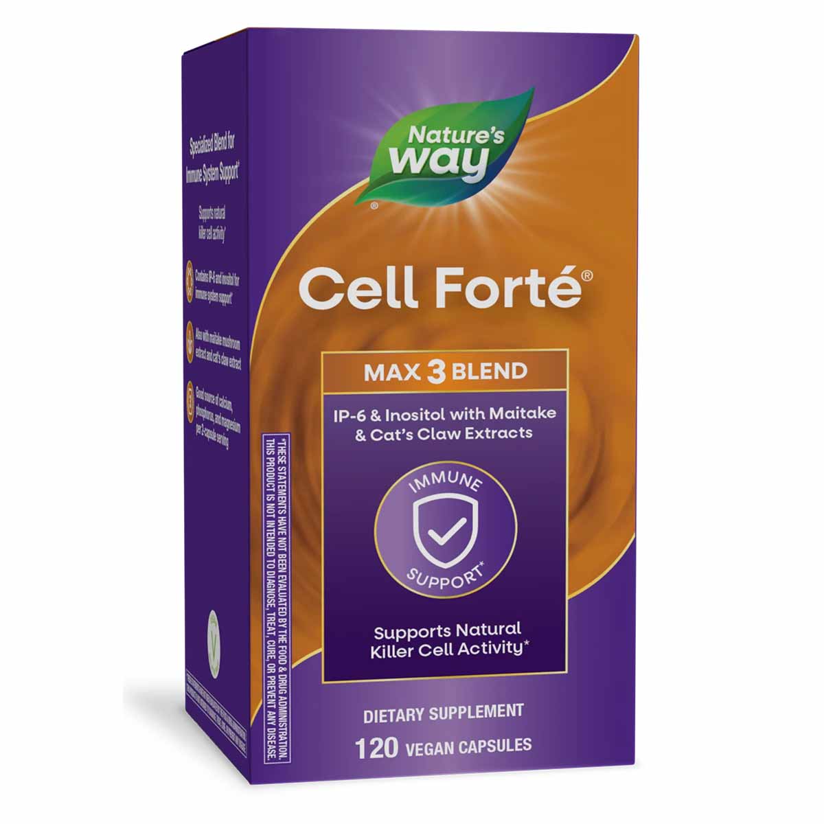 Nature's Way Cell Forte Max3 Blend dietary supplement bottle with purple and orange packaging, 120 vegan capsules.