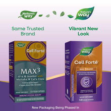 Side-by-side comparison of Cell Forte Max3 supplement bottles showing old gold and teal packaging on left and new purple and 