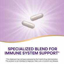 Two white capsule pills displayed on a purple background with gold curved design element and text below.