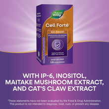 Cell Forté Max3 dietary supplement bottle with purple and orange packaging, 120 vegan capsules, Nature's Way brand.