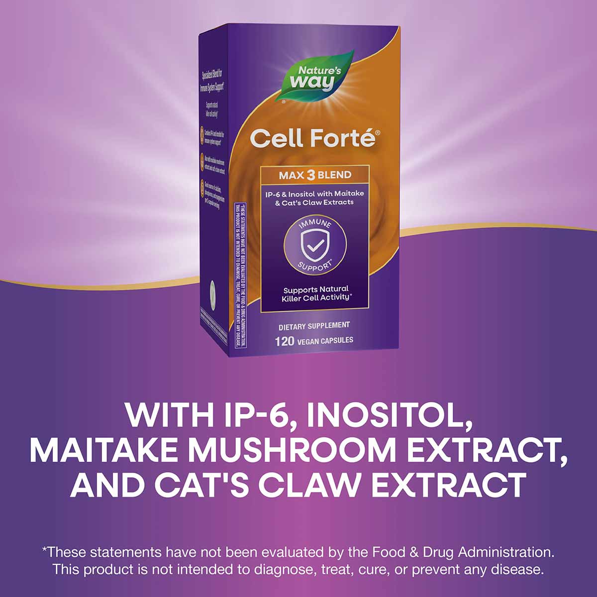 Cell Forté Max3 dietary supplement bottle with purple and orange packaging, 120 vegan capsules, Nature's Way brand.