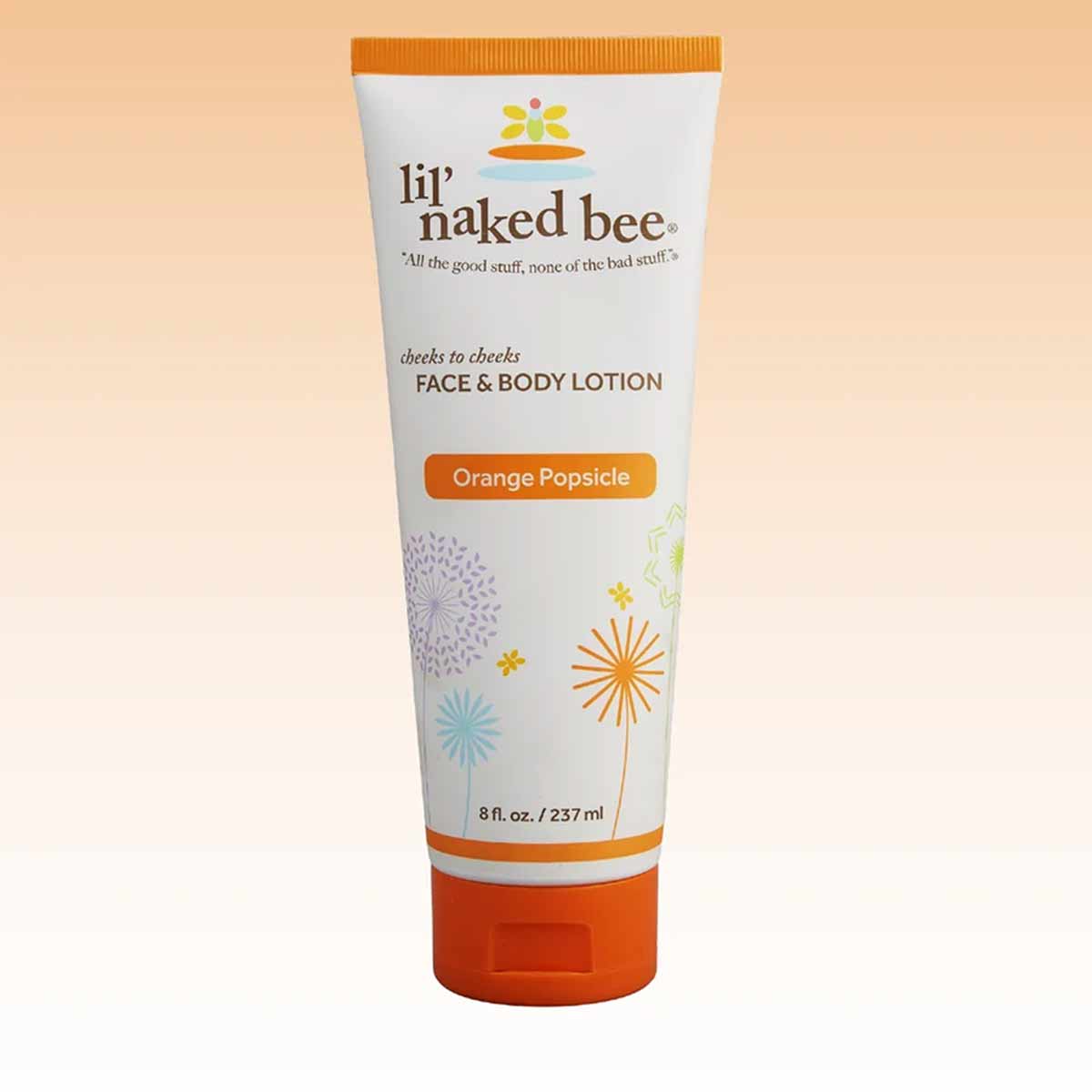 Lil' Naked Bee face and body lotion tube in Orange Popsicle scent with white label and orange cap, 8 fl oz.