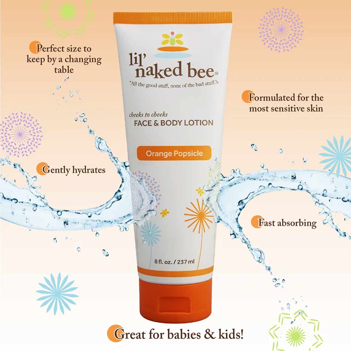 White tube with orange cap and band of lil' naked bee Cheeks to Cheeks Face & Body Lotion in Orange Popsicle scent, 8 fl oz.