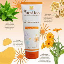 White tube with orange band and label for lil' naked bee Orange Popsicle Face & Body Lotion, 8 fl oz, surrounded by aloe vera