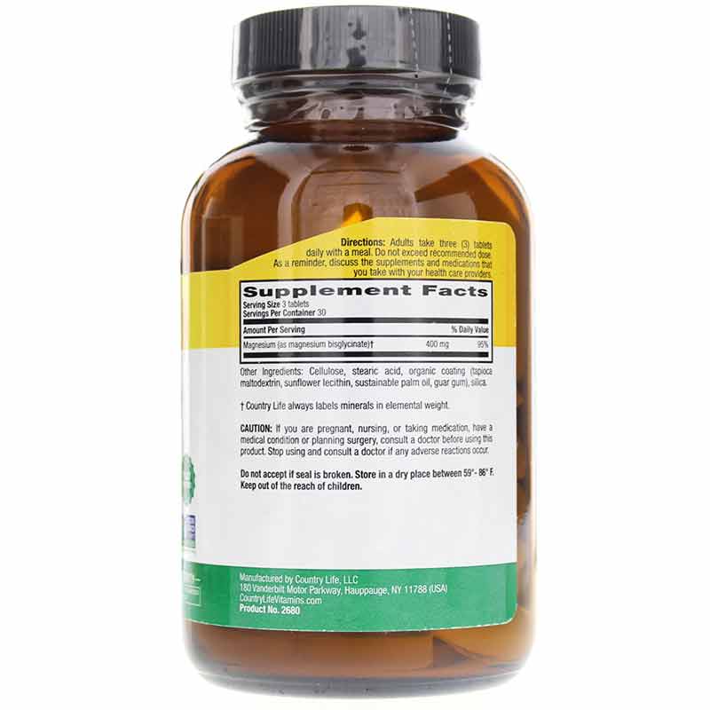 Chelated Magnesium Glycinate 400 Mg, 90 Tablets, by Country Life, image #2