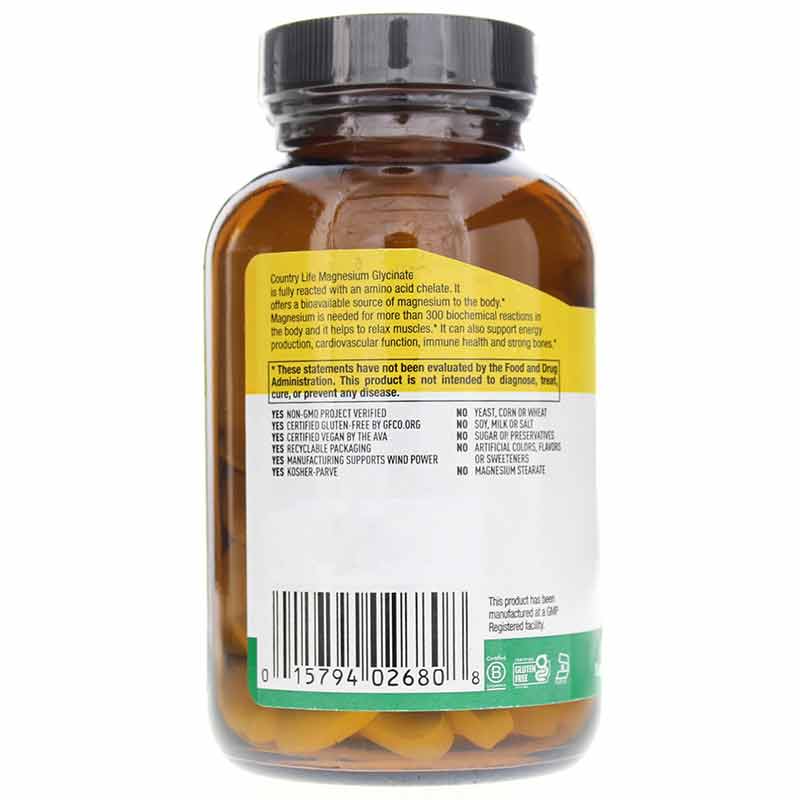 Chelated Magnesium Glycinate 400 Mg, 90 Tablets, by Country Life, image #3