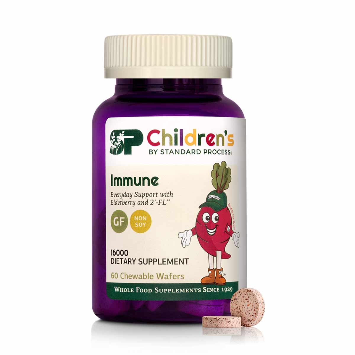 Purple bottle of Children's Immune chewable wafers by Standard Process with white cap and cartoon character label.