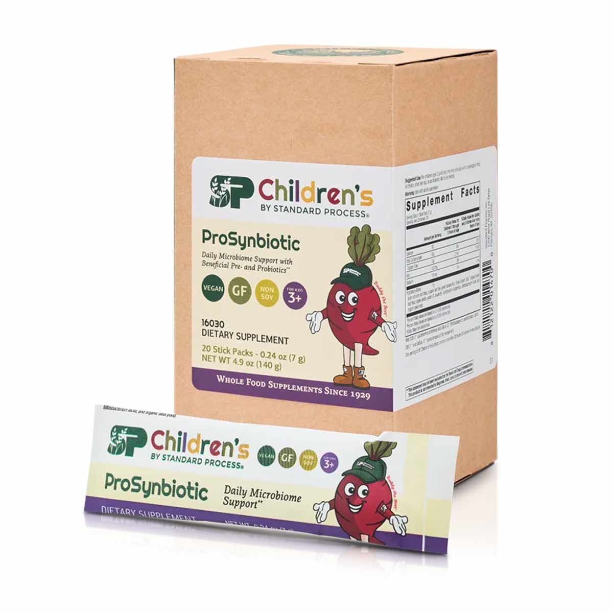 Brown cardboard box of Children's ProSynbiotic by Standard Process containing 20 stick packs with illustrated beet character 