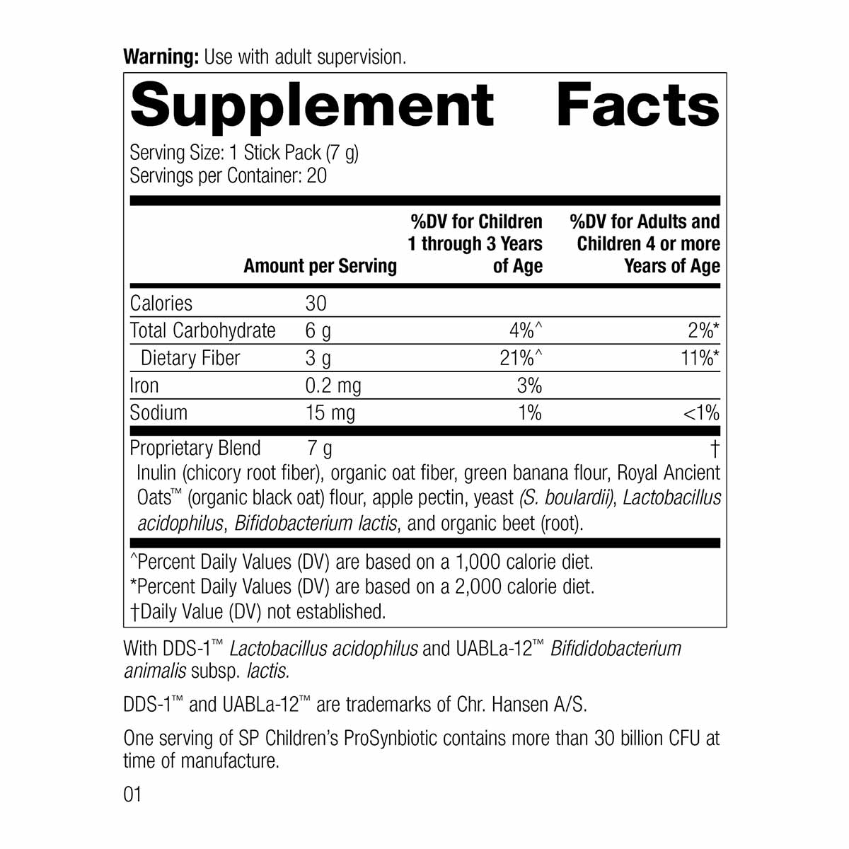 Supplement Facts label for Children's ProSynbiotic stick pack showing serving size, nutritional information, and proprietary 