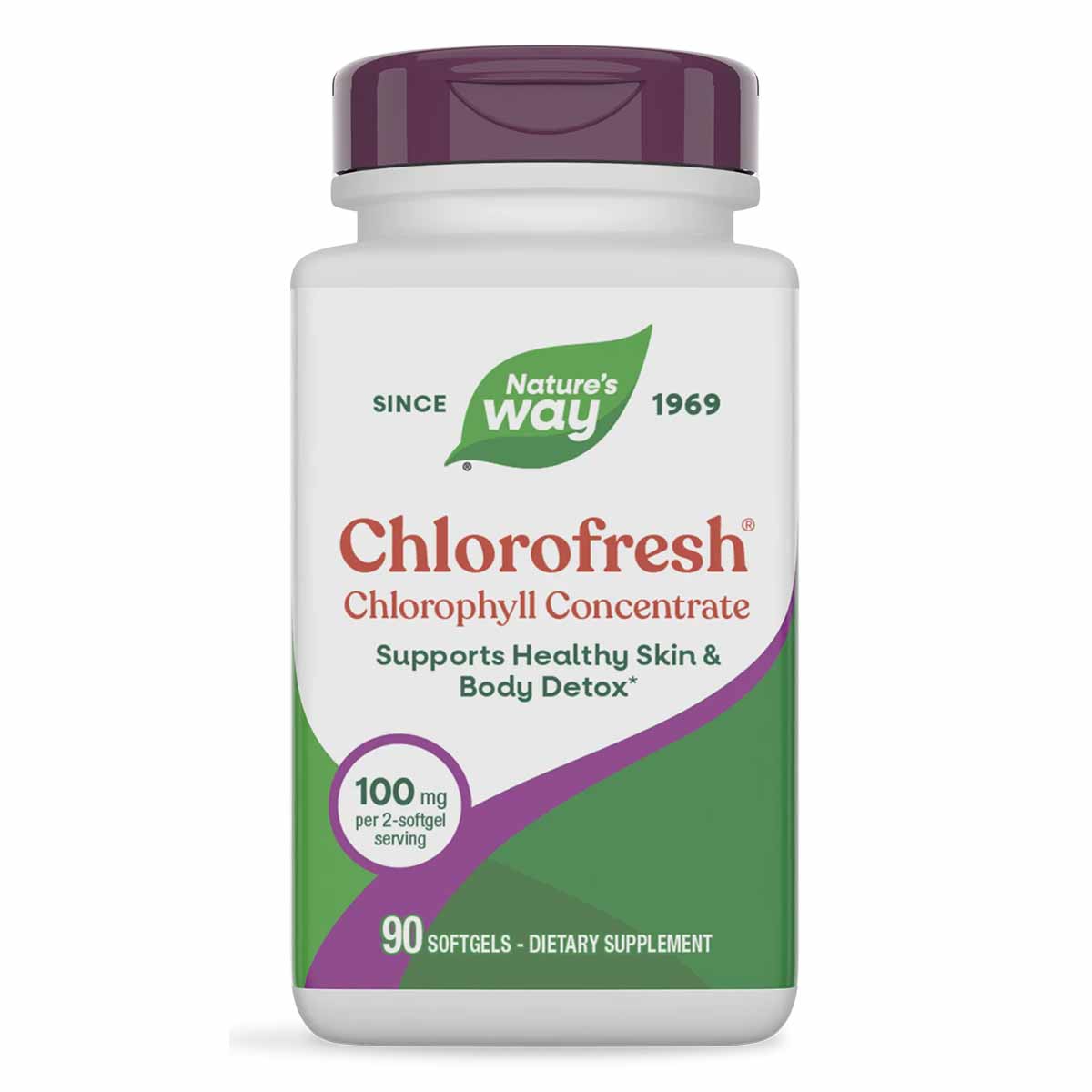 Natures Way Chlorofresh Chlorophyll Concentrate bottle with purple cap and green label containing 90 softgels.