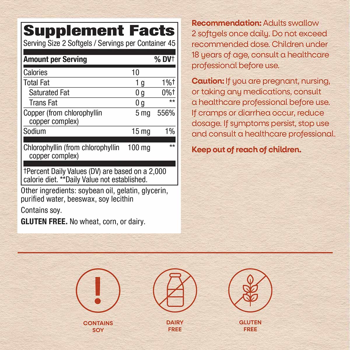Supplement Facts label for Nature's Way Chlorofresh Chlorophyll softgels showing ingredients, dosage, and allergen informatio