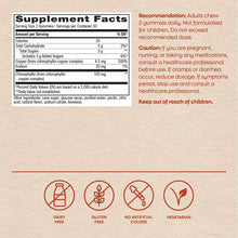 Supplement facts label for chlorophyll gummies showing serving size, nutritional information, ingredients, and product certif
